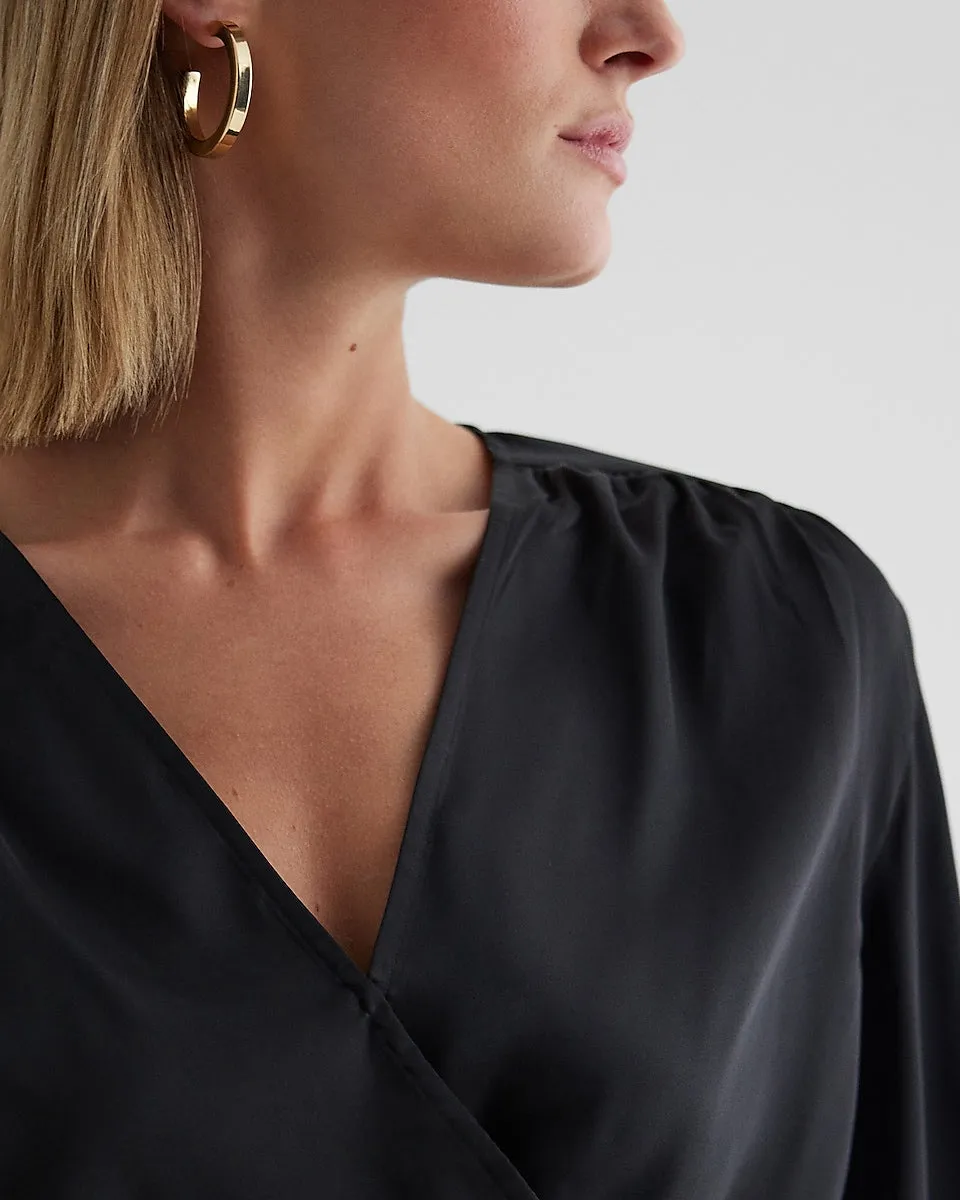 Satin V-Neck Balloon Sleeve Faux Wrap Top in Pitch Black