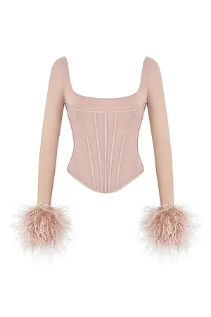 Sexy Square Neck Feather Trim Sheer Mesh Long Sleeve Crop Corset Top