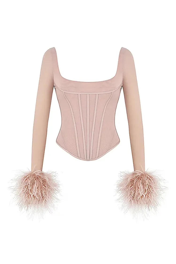 Sexy Square Neck Feather Trim Sheer Mesh Long Sleeve Crop Corset Top