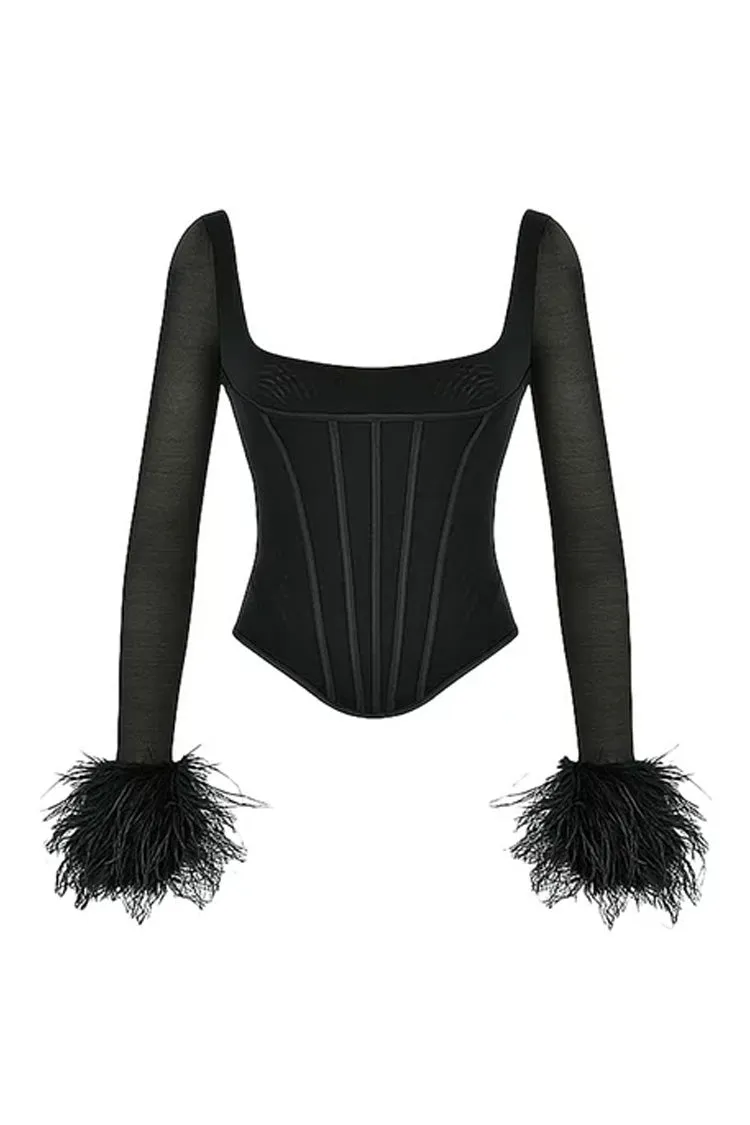 Sexy Square Neck Feather Trim Sheer Mesh Long Sleeve Crop Corset Top