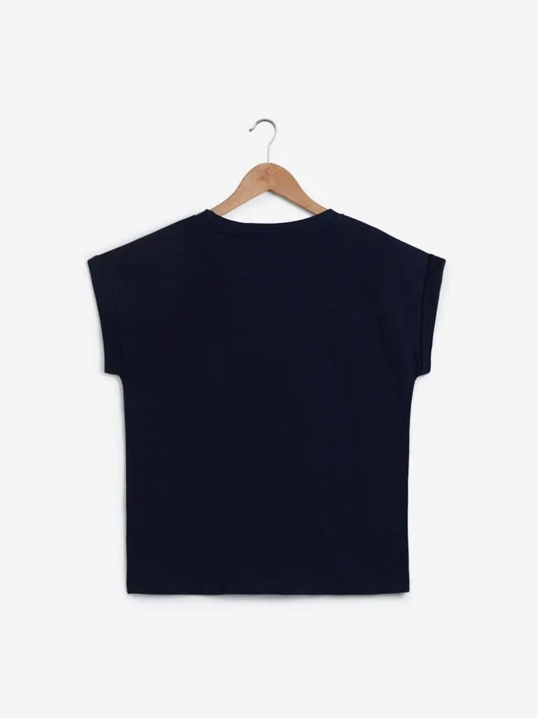 Studiofit Navy Text Printed T-Shirt