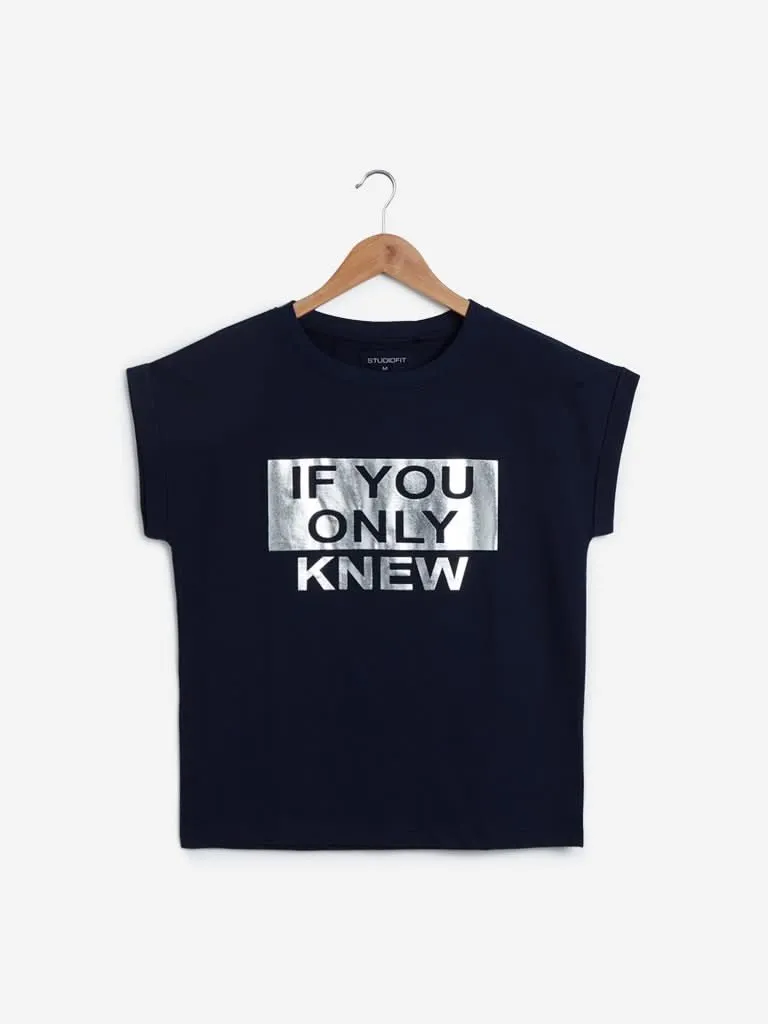 Studiofit Navy Text Printed T-Shirt