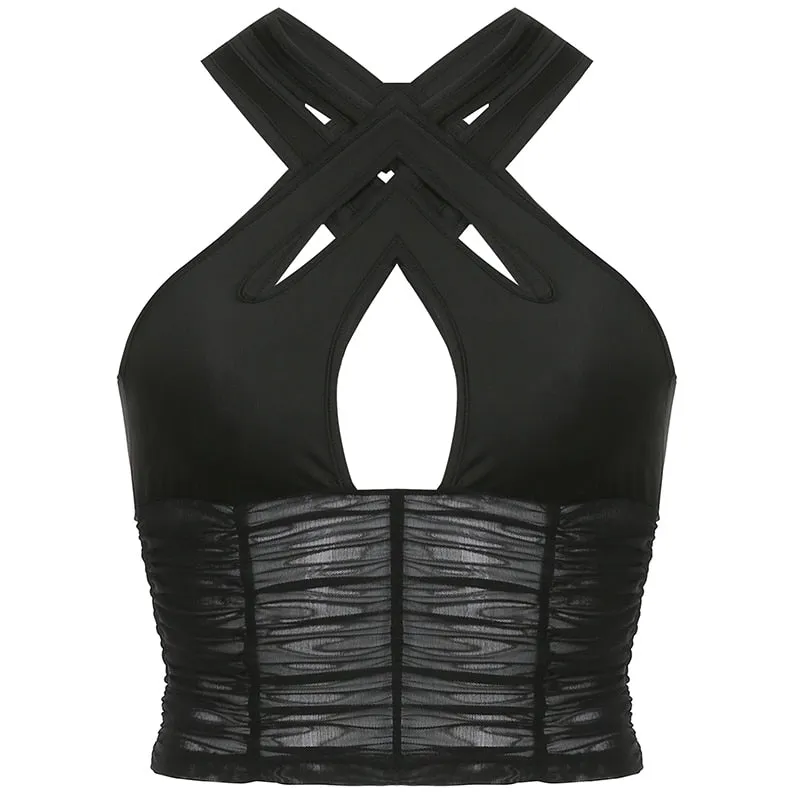 'The Ending' Black halter mesh top