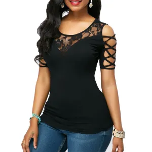 Trendy Lace Floral Bandage Sleeve Shirt