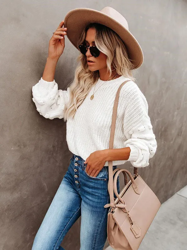 Trendy Tops Puff Sleeves Loose Solid Color Round-Neck Sweater Tops