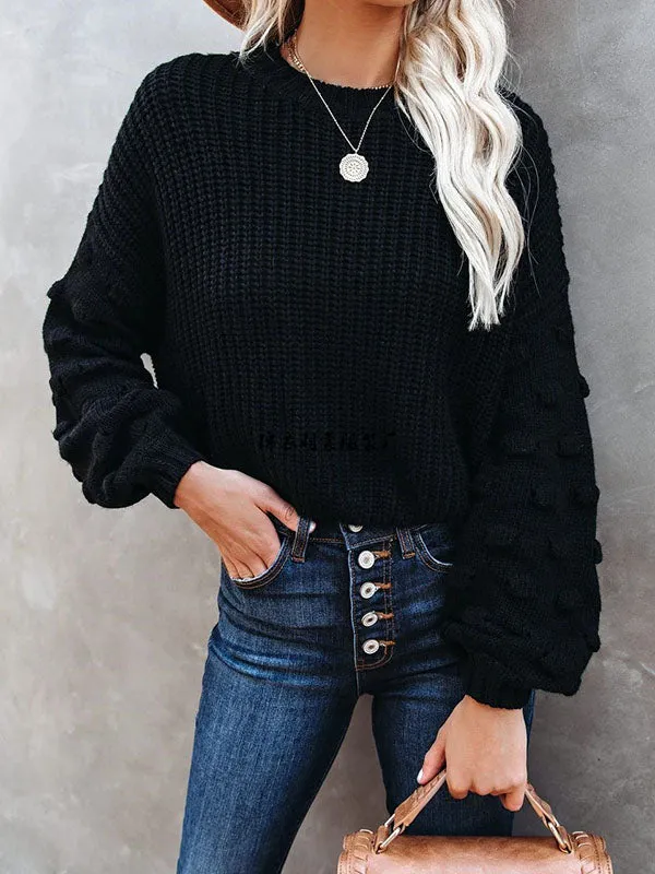 Trendy Tops Puff Sleeves Loose Solid Color Round-Neck Sweater Tops