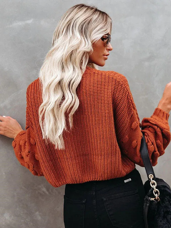 Trendy Tops Puff Sleeves Loose Solid Color Round-Neck Sweater Tops