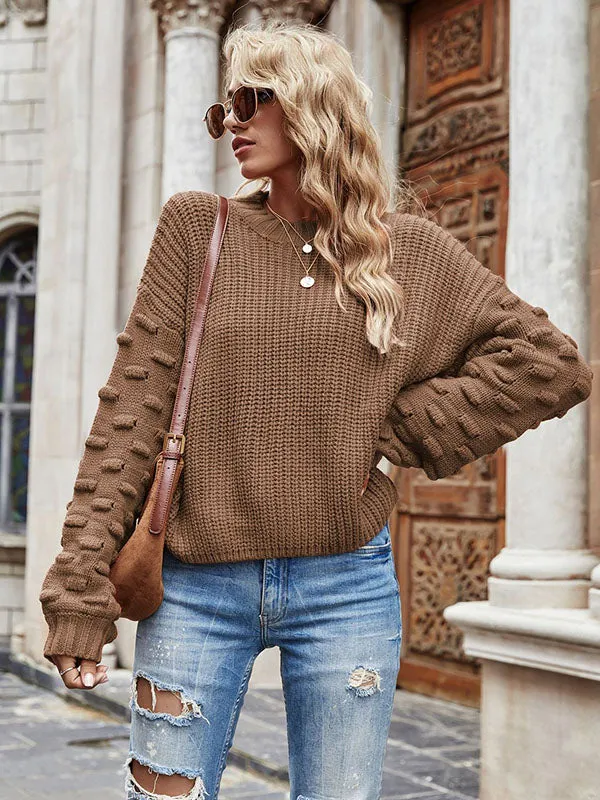 Trendy Tops Puff Sleeves Loose Solid Color Round-Neck Sweater Tops