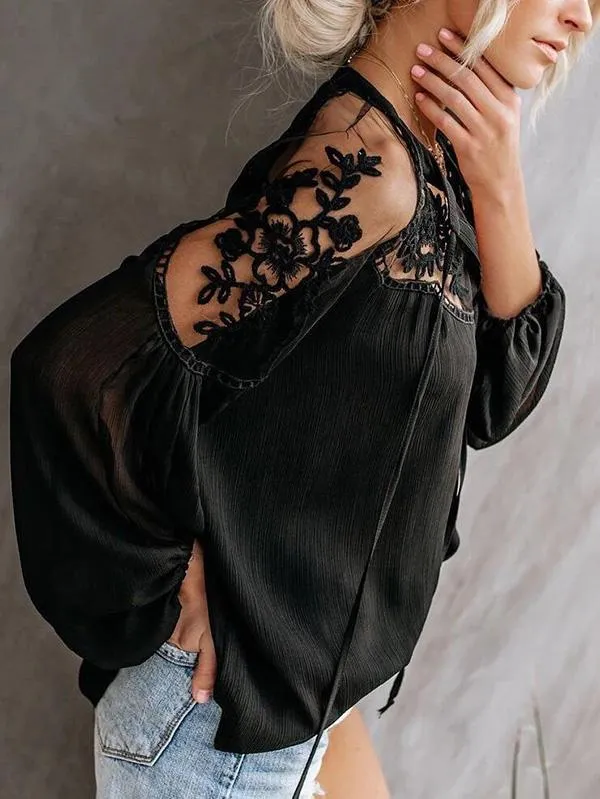 Unique See-through V-neck Lace Blouses&shirts Tops