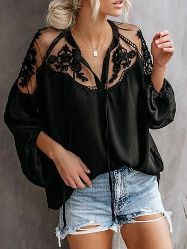 Unique See-through V-neck Lace Blouses&shirts Tops