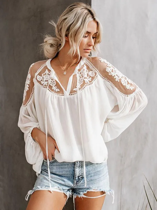 Unique See-through V-neck Lace Blouses&shirts Tops