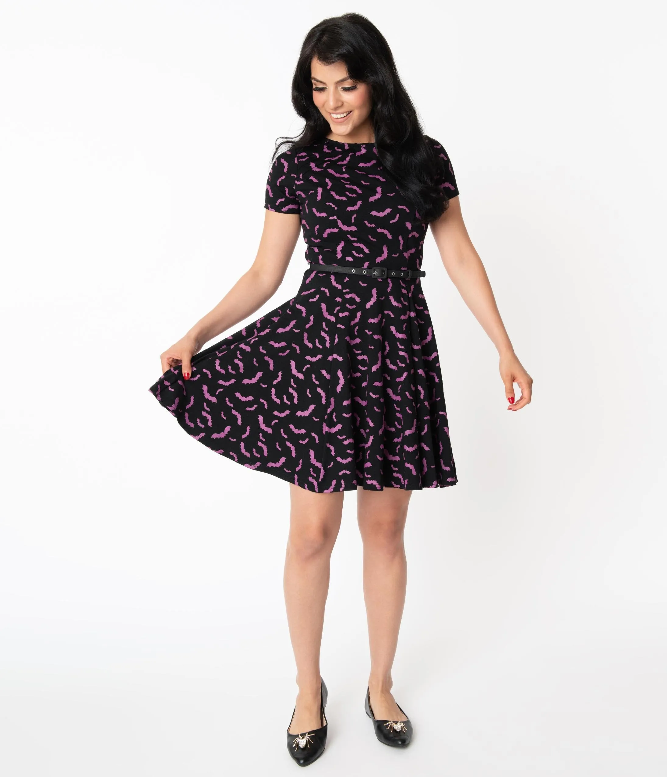 Unique Vintage Black & Purple Bats Short Sleeve Stephanie Flare Dress