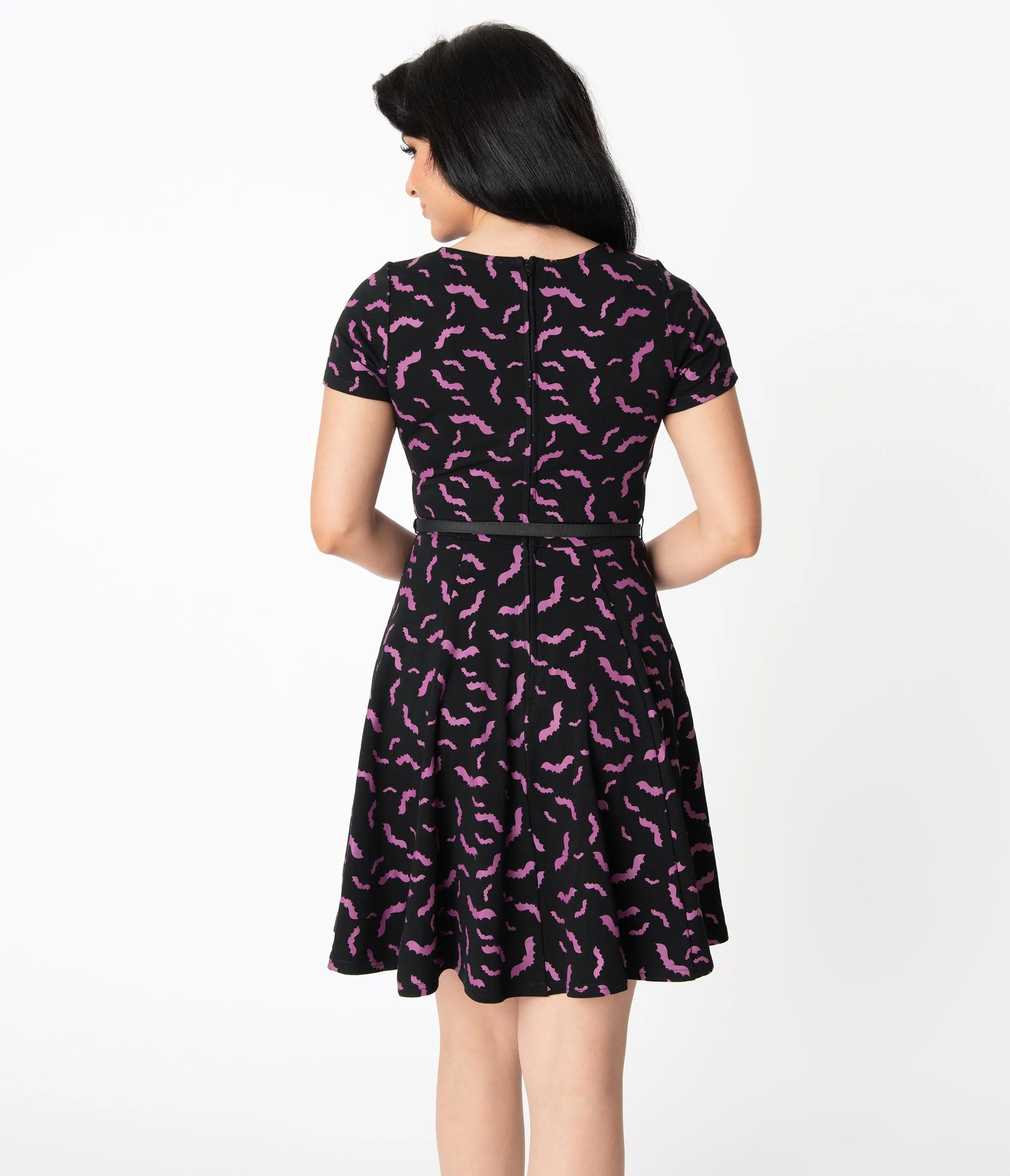 Unique Vintage Black & Purple Bats Short Sleeve Stephanie Flare Dress