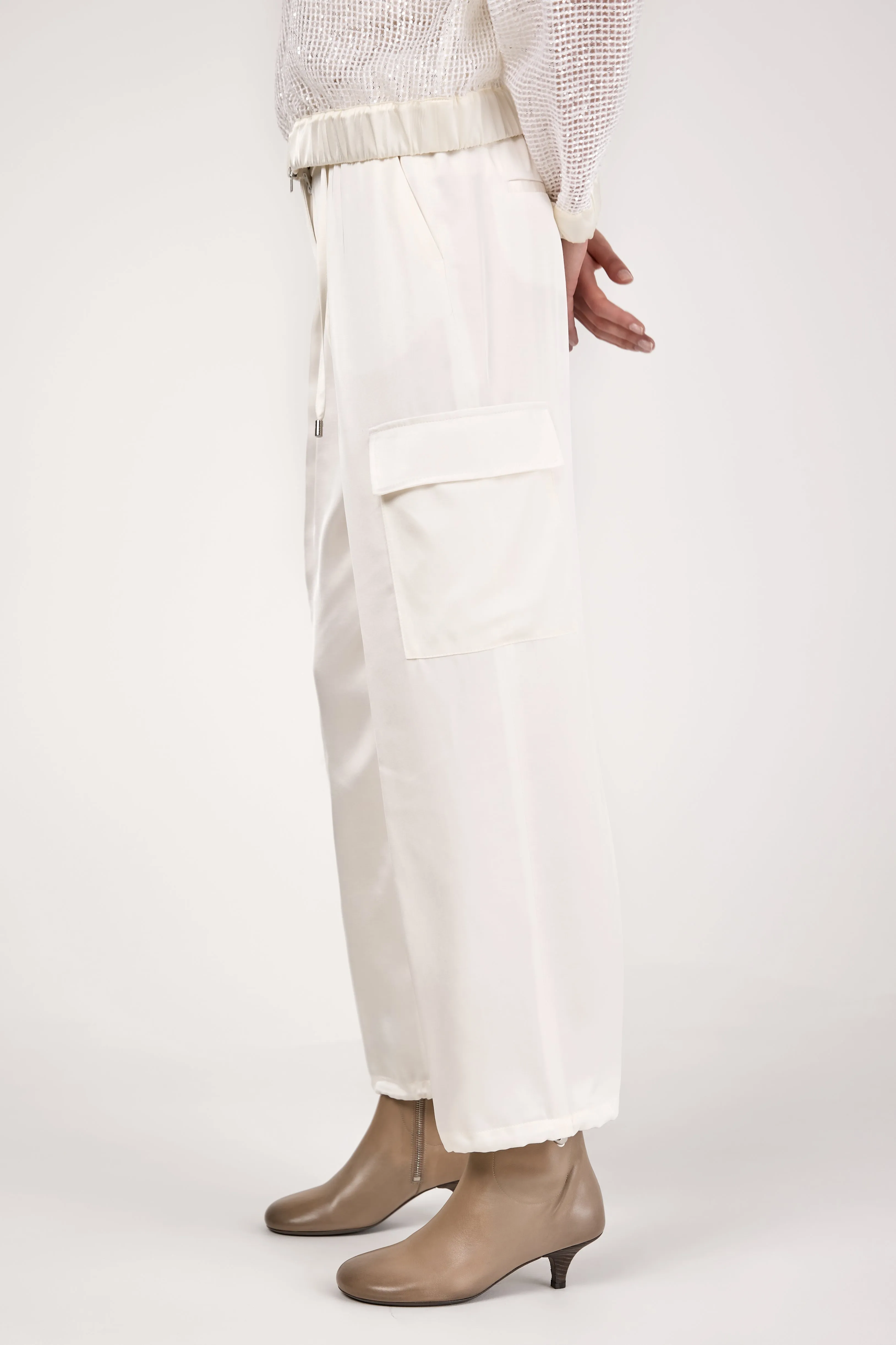 Viscose Satin Cargo Pant in Natural White