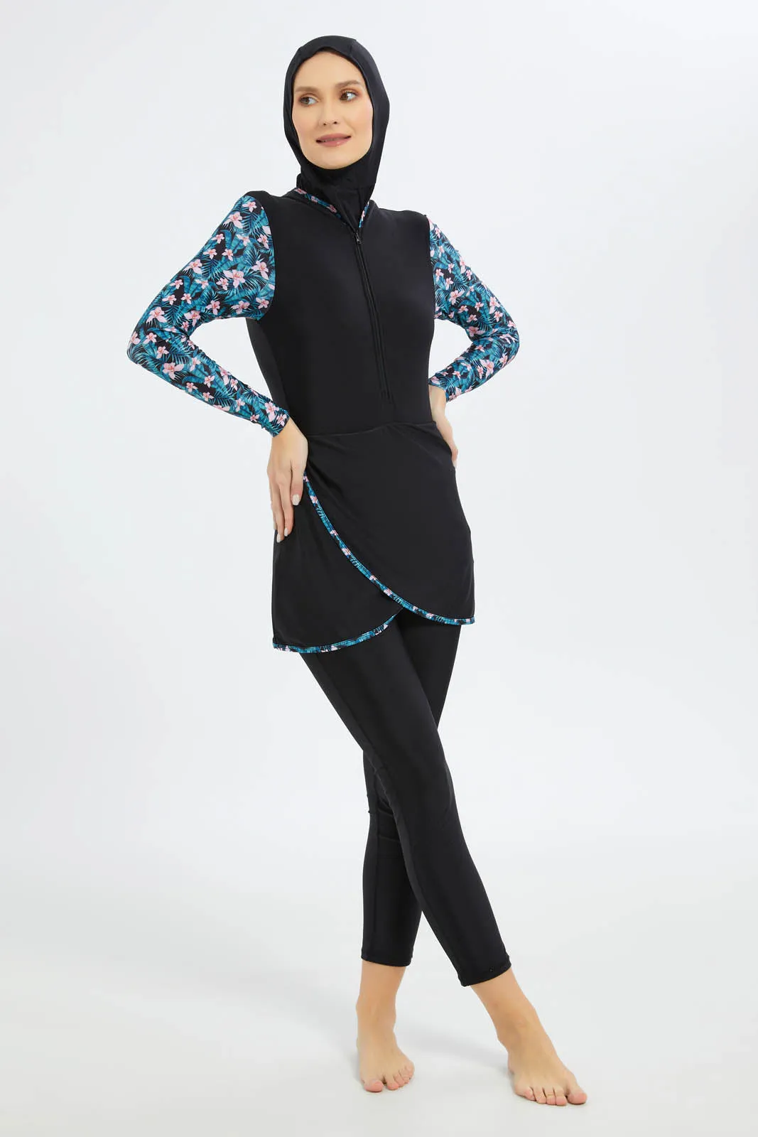 Women Black And Blue Swim Burkini Set (2Piece)