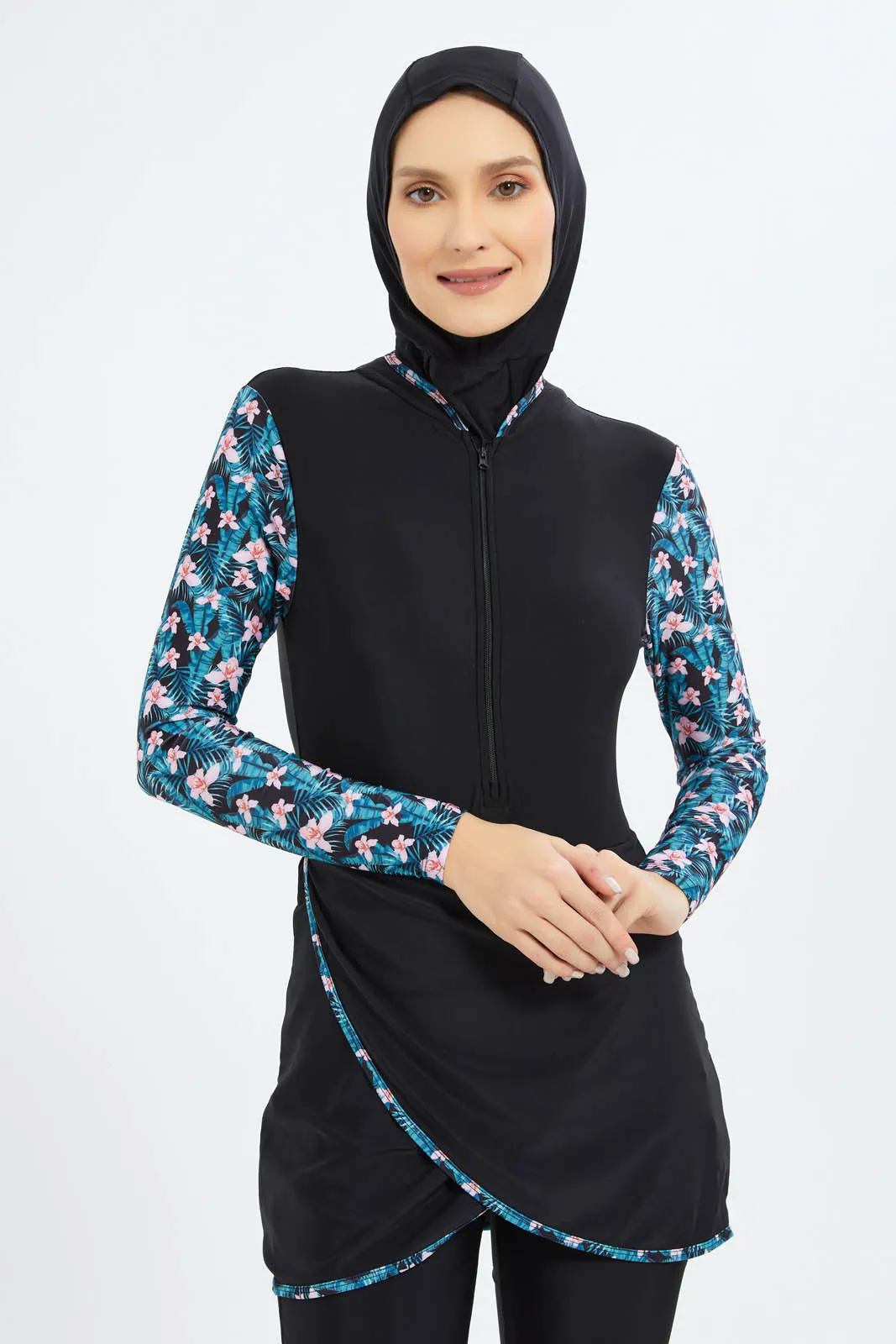 Women Black And Blue Swim Burkini Set (2Piece)