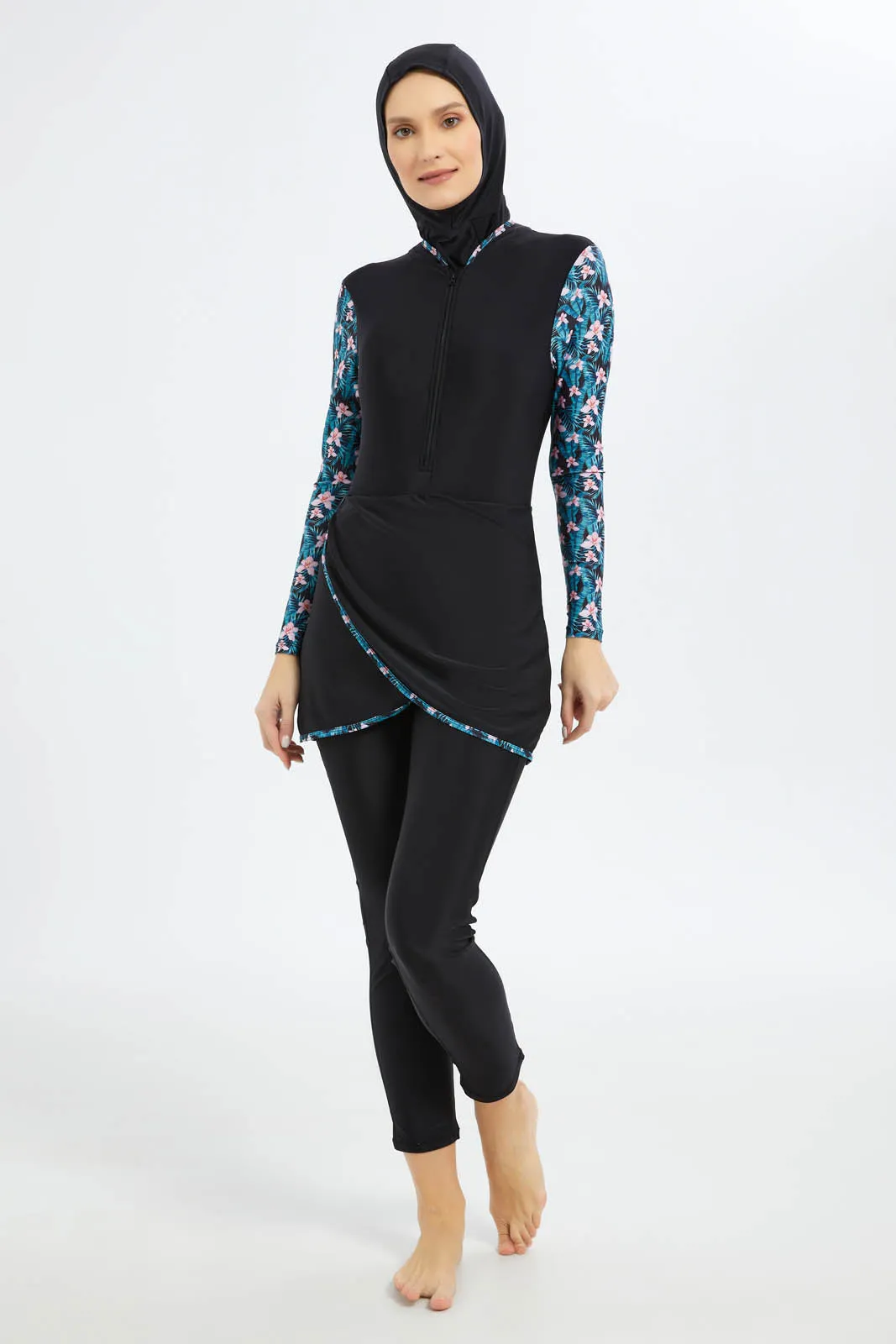 Women Black And Blue Swim Burkini Set (2Piece)