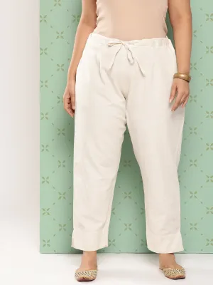 Women Plus Size Cream Cotton Trouser