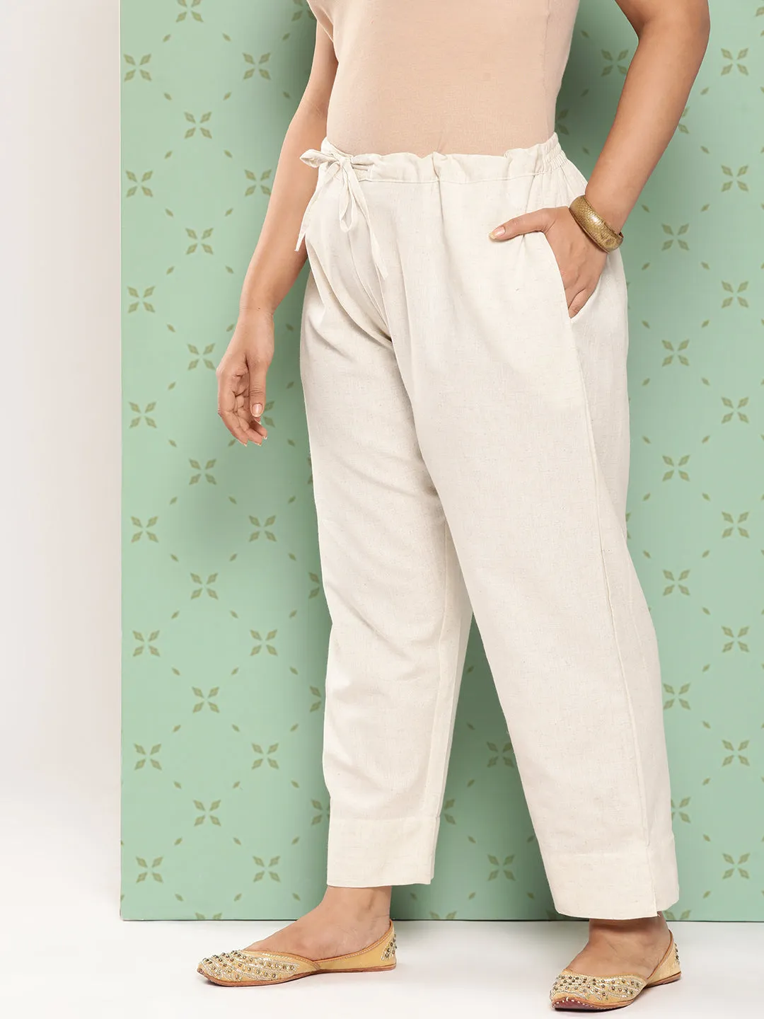 Women Plus Size Cream Cotton Trouser