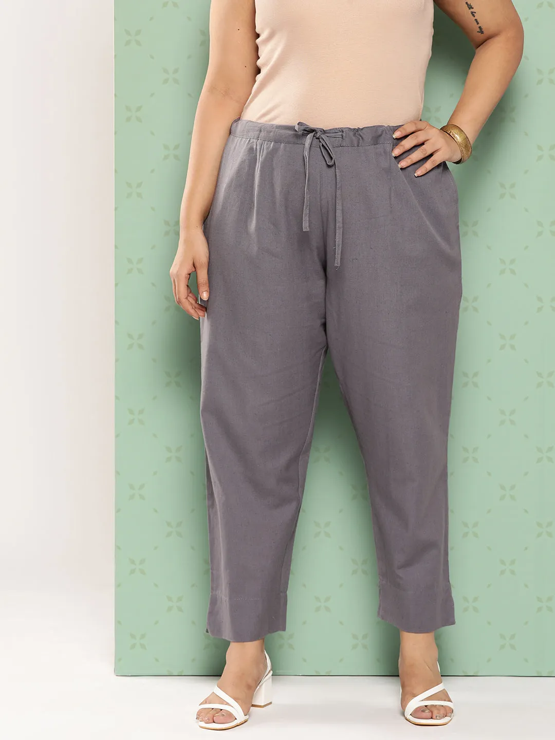 Women Plus Size Grey Cotton Trouser