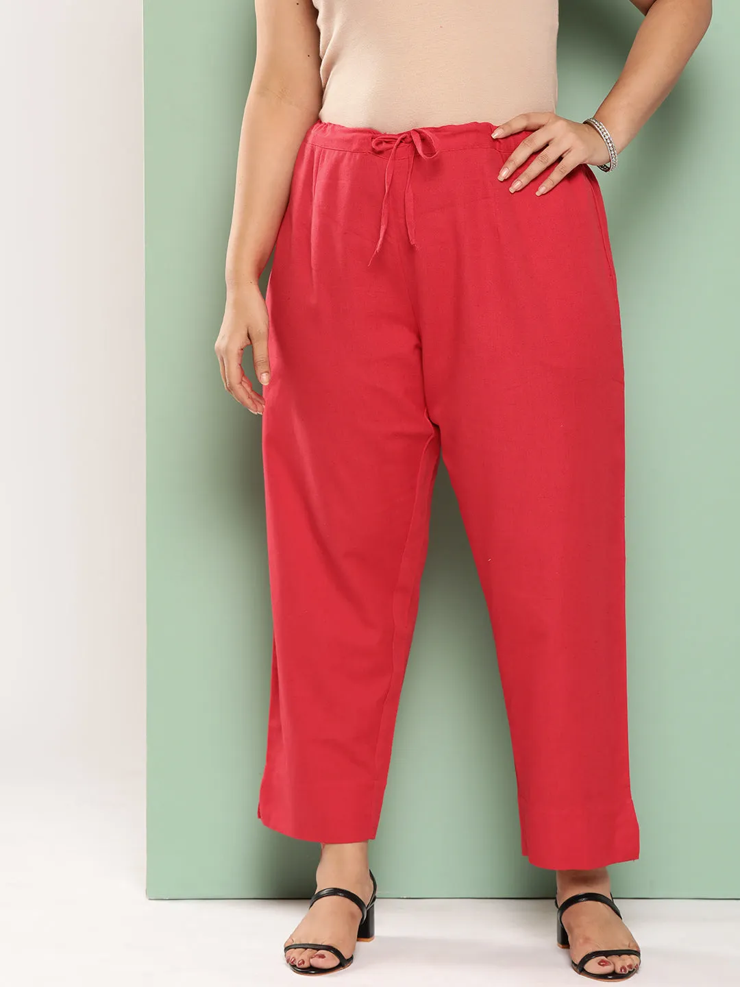 Women Plus Size Red Cotton Trouser