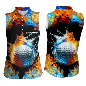 Women Sleeveless Golf Polo Shirt Custom Water Fire Golf Ball Golf Tops, Golf Attire For Ladies