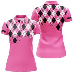 Womens Golf Polo Shirt Plus Size Pink Argyle Plaid Golf Skull Pattern Custom Ladies Pink Golf Tops