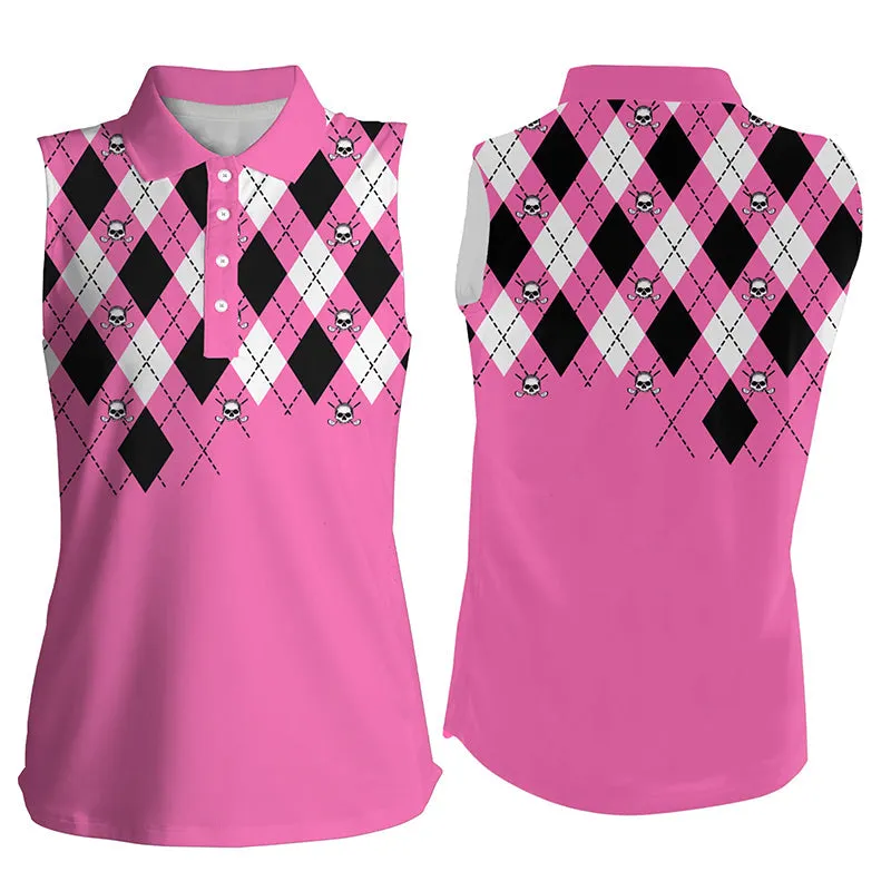 Womens Golf Polo Shirt Plus Size Pink Argyle Plaid Golf Skull Pattern Custom Ladies Pink Golf Tops